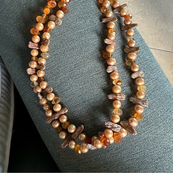 Amber Agate Biwa Pearl Sterling Double Layered Choker Necklace OOAK Handmade - Picture 9 of 16